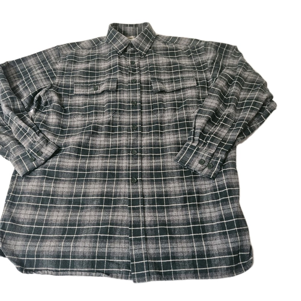 LL Bean Mens L Flannel Button Up Shirt‎ Gray Red Plaid Large Long Sleeve Pockets